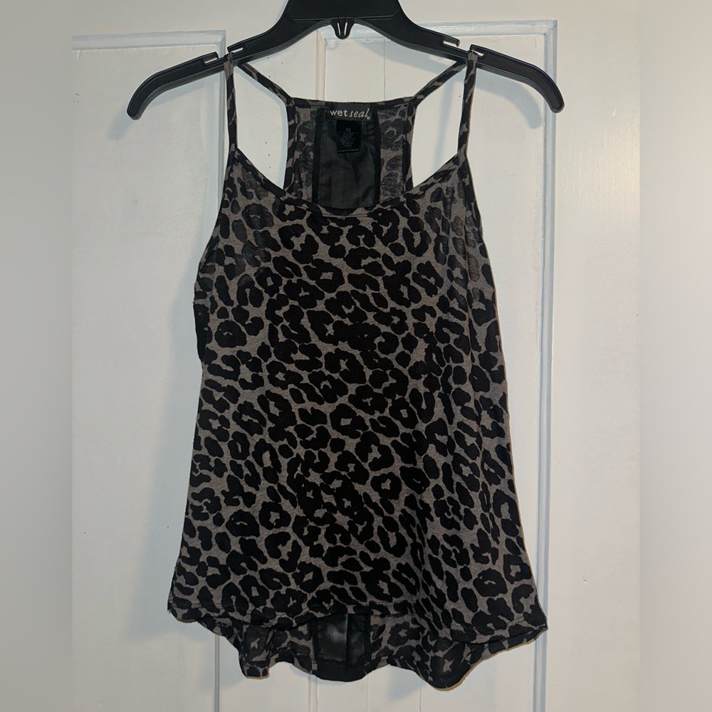 Wet Seal Black and Gray See-Through Leopard Print Tank Top